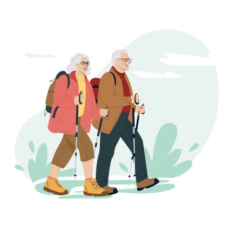 Happy active senior couple traveling together with backpacks and trekking sticks on holidays. Hiking. Colored flat vector illustration of traveler isolated on white backgroundのイラスト素材