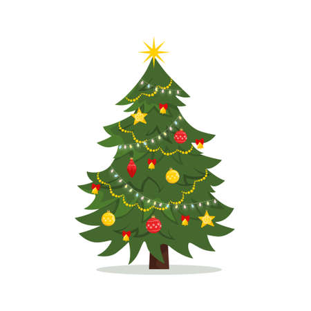 Decorated Christmas tree with lights, ornaments balls and garlands. Merry Christmas and Happy New Year. Flat style vector illustrationのイラスト素材