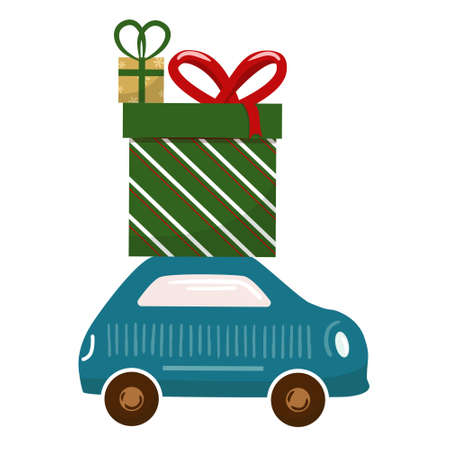 Hand drawing car with gifts and presents. Vector illustration in cartoon style.のイラスト素材