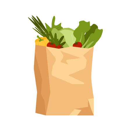 Brown paper bag from local market. Recycled pack with fresh organic vegetables. Grocery delivery concept. Isolated vector illustration on nutrition and ecological mindsetのイラスト素材