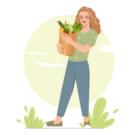 Young Woman full length holding eco vegetables in grocery paper bag. Vegan girl eat organic products. Zero waste concept. Flat vector illustration.のイラスト素材