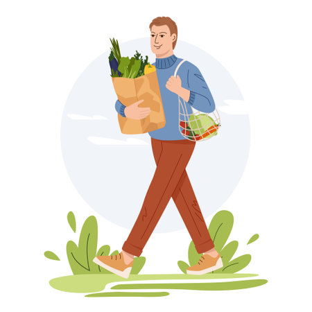 Man full length holding eco vegetables in grocery paper bag and string bag. Vegan boy eat organic products. Zero waste concept. Flat vector illustrationのイラスト素材