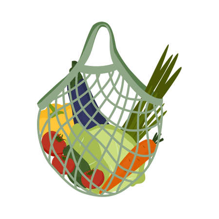 Mesh or net shopping bag with vegetables for eco friendly living. No plastic bags. Zero waste concept shopper. Vector illustration for banner, card, posterのイラスト素材