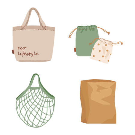 Set of mesh, net, paper and textile tote bags for shopping, storage for eco friendly living. No plastic bags. Zero waste lifestyle concept. Colorful shoppers vector illustration.のイラスト素材