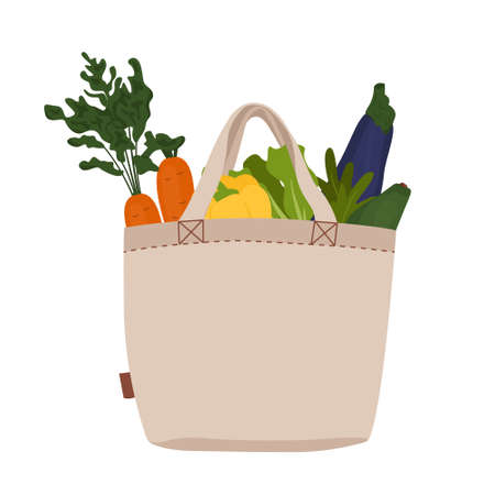Cloth or tote shopping bag with vegetables for eco friendly living. No plastic bags. Zero waste concept shopper. Vector illustration for banner, card, posterのイラスト素材