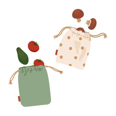 Small cloth shopping bag with vegetables for eco friendly living. No plastic bags. Zero waste concept shopper. Vector illustration for banner, card, posterのイラスト素材