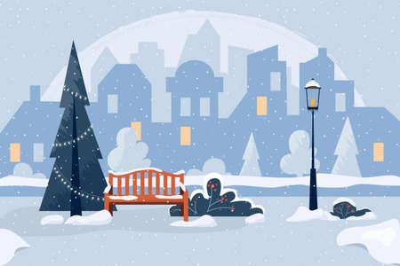 Illustration with a panorama of the winter city park, a bench, a Christmas tree and a lantern. Snowfall. Evening winter city in monochrome colors. Suitable for a card, poster, banner.のイラスト素材