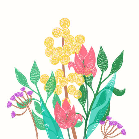 Vector illustration. Postcard bouquet of tulips, mimosa, leaves. Suitable for banner, advertising, postcard, invitation and more.のイラスト素材