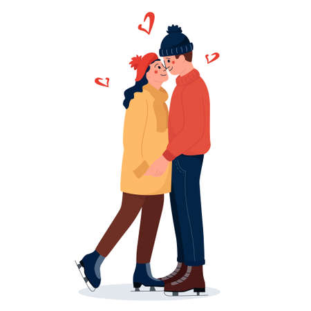 Winter hugs. A lovely ice skater couple is embracing and smiling. Lovers couple is Skating together on Ice Rink. Winter sport and winter activities. Amazing winter holiday card.のイラスト素材
