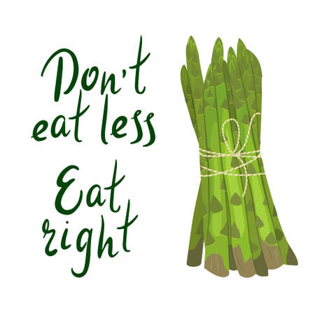 Inspirational Quote: Dont eat less, eat right. Healthy food. Hand lettering motivation illustration for your design with green vegetable asparagusのイラスト素材
