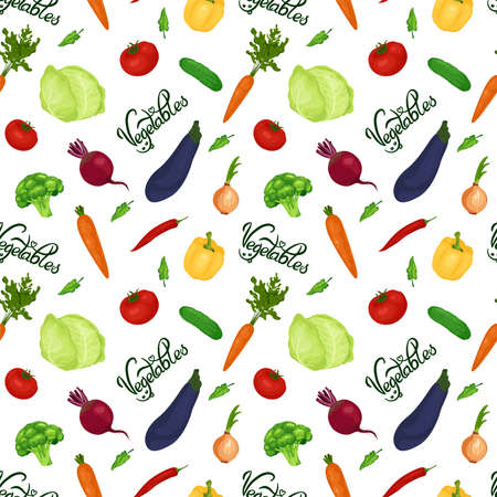 Seamless vegetables pattern with lettering Vegetables. Vector vegetables in flat style. Organic healthy foodのイラスト素材