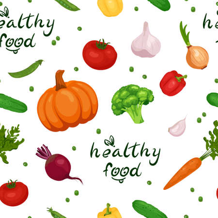Seamless vegetables pattern with lettering Heathy food without background. Vector vegetables in flat style. Organic healthy foodのイラスト素材