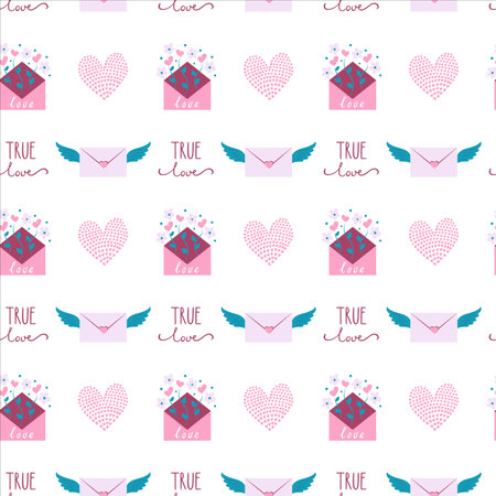 Seamless pattern with paper envelope and flowers heart. True love lettering. Valentines Day digital paper wallpaper textile fabric repeat backgroundのイラスト素材