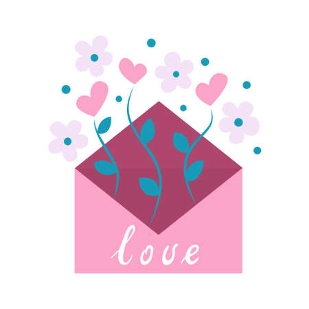 Open envelope with flowers. Cute Stock Vector illustration in simple flat style. Floral mail. Happy Valentines Day. Vector design concept for Mothers Day and other users.のイラスト素材
