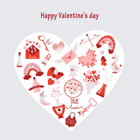 Happy Valentines day card. Set of symbols in heart shape on grey background. Valentines day flat icons in pink and red colors. Heart, arrow, flower, key, lock, message, rainbow, potion, bird.のイラスト素材
