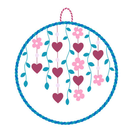 Dreamcatcher design element suitable for postcards, textiles, decor, cards in simple flat style. Floral dreamcatcher. Happy Valentines Day. Vector design concept for Mothers Day and other users.のイラスト素材