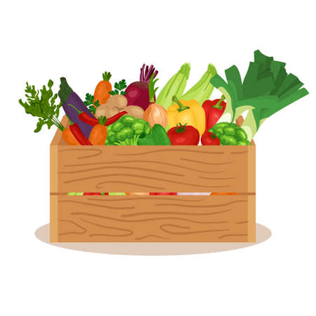Healthy freshly harvested vegetables in a wooden crate and eco grocery shopping concept banner. Wooden box with natural vegetable. Vector illustration in flat style.のイラスト素材