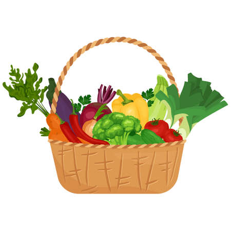 Basket with vegetables cartoon vector illustration. Vegetarian nutrition market concept: onion leek tomato broccoli carrot salad and other product. Organic healthy food harvest delivery packageのイラスト素材