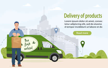 Food delivery service. Banner local farm products online order. Vector illustration in flat style for your business.のイラスト素材