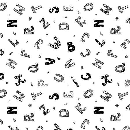 Seamless pattern with alphabet. Black and white handwritten font in doodle style. Modern playful style font design, childish alphabet letters. Back to school. Vector.のイラスト素材