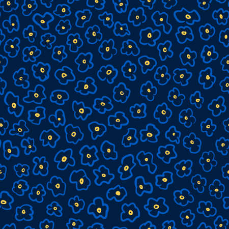 Handdrawn flower seamless pattern in blue and yellow color. Vector illustration.