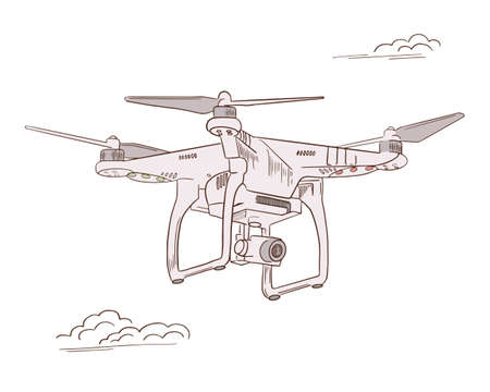 Hand draw vector illustration remote control aerial vehicle, quadrocopter flying sketch.のイラスト素材