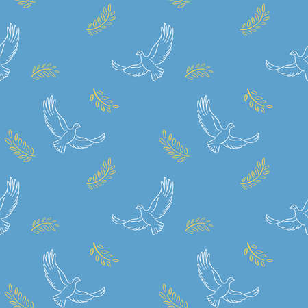 Handdrawn seamless pattern in sky blue and yellow color with dove of peace. Vector Textile Printのイラスト素材
