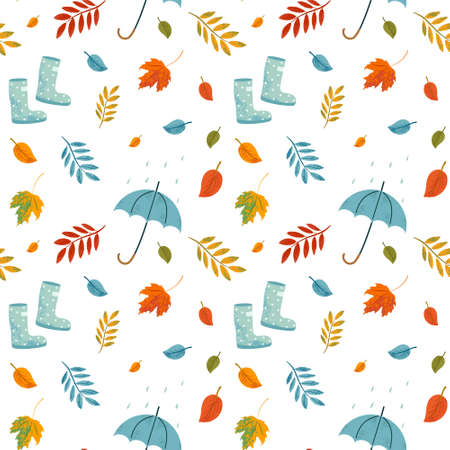 Vector autumn seamless pattern with rubber boots, umbrella, foliage and floral elements. Repeated fall texture. Cozy hand drawn seasonal background.のイラスト素材