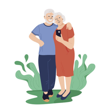 Elderly couple taking selfie. Cheerful grandparents having summer vacation together. Flat vector cartoon illustration of an elderly woman using smartphone to take self-portrait for partners.のイラスト素材