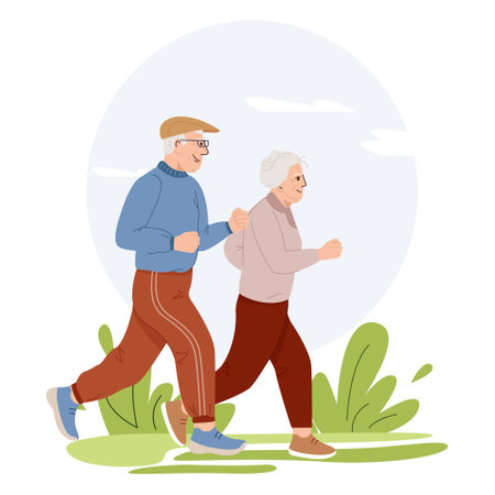 Active retirement. Elderly couple spends time outdoors.Vector illustration of cartoon happy senior man and woman jogging in park.のイラスト素材