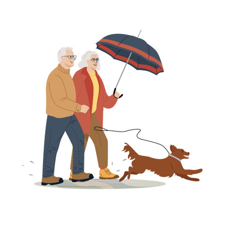 Smiling elderly couple spends time outdoors with dog. Vector cartoon illustration of a happy elderly man and woman walking with umbrella isolated on white. Family enjoying promenade with petのイラスト素材