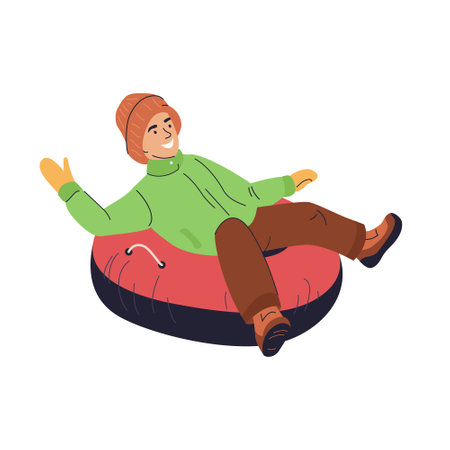 Happy little boy on snow tubing sliding down hill slope on winter holidays. Happy wintertime activity, fun. Flat vector illustration in cartoon style.のイラスト素材