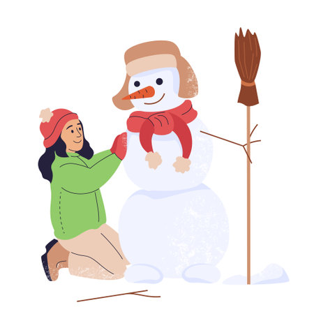 Smiling girl dressed in outerwear building snowman. Kid playing alone outdoors on winter holidays. Cute little child having fun in wintertime. Vacation and childhood. Flat vector illustration isolatedのイラスト素材