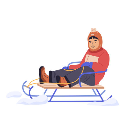 Little boy rides on a sledding on the snow, winter. Male kids character isolated on white. Winter fun. Flat vector illustration in cartoon style.のイラスト素材