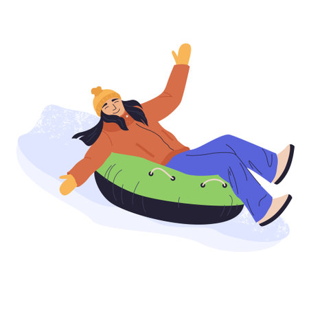 Young girl on snow tubing sliding down hill slope on winter holidays. Happy wintertime activity, fun. Flat vector illustration in cartoon style.のイラスト素材
