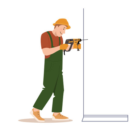 Worker with a drill. Home repairs. A man in a uniform with a perforator. Male builder with construction tools for renovation and home improvement. Vector flat design illustration.のイラスト素材