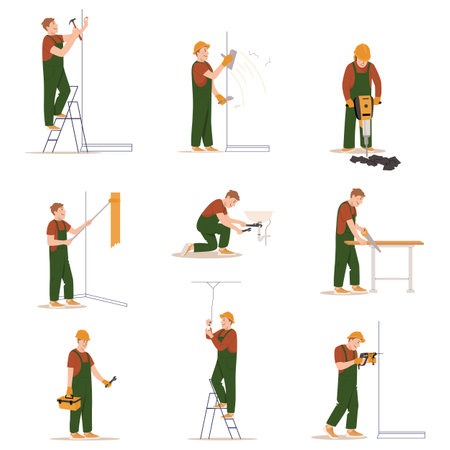 Home craftsmen and repairmen. Professional construction workers with tools set. Male characters in uniform overalls and helmets in different Poses. Vector cartoon flat illustrationのイラスト素材