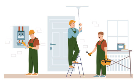 Home craftsmen and repairmen. Renovation workers in uniform, electricians doing apartment repair, professional decorating service. Connecting power. Vector cartoon flat conceptのイラスト素材