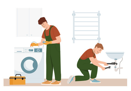 Home craftsmen and repairmen. Renovation workers professional plumber and engineer at work, they are checking the washing machine and home plumbing. Vector cartoon flat conceptのイラスト素材
