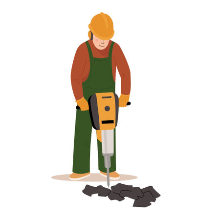 Road repair flat vector illustration. Worker in professional uniform helmet and dungarees with jackhammer. Maintenance and construction of pavement concept. Vector flat design illustrationのイラスト素材
