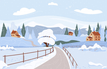 Panorama of winter landscape. Countryside with mountains and village. Lovely houses in a snowy valley. Farm field with snow. Vector illustration.のイラスト素材