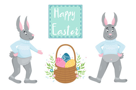 Set illustrations of funny cartoon Bunnies in a knitted sweater. Happy easter lettering. Easter basket with eggs. Vector illustration in flat style isolated on white background.のイラスト素材