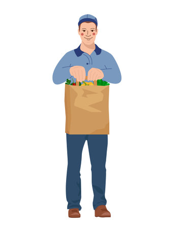 Delivery of vegetables in a paper bag. A young man in the cap sells vegetables in paper bag. Vector illustration of a modern flat style.のイラスト素材