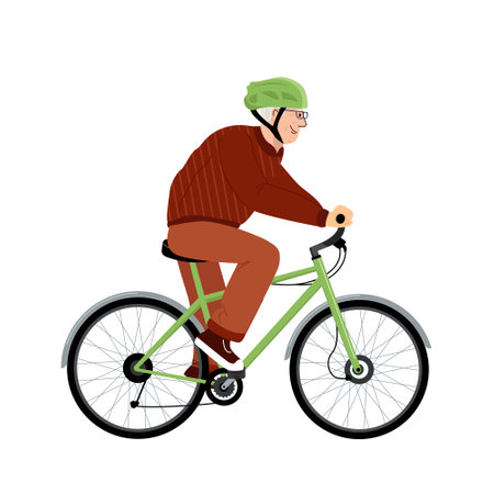 Elderly man spendstime outdoors. Cartoon happy senior man cycling in summer park. Healthy lifestyle and active recreation. Vector illustration isolated on backgroundのイラスト素材