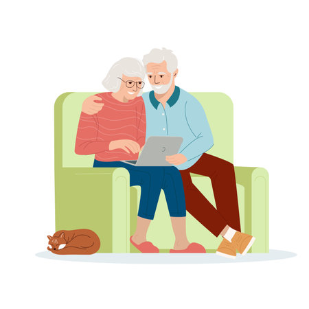 Progressive old people use internet. Senior people and technologies concept. Mature elderly couple using laptop together learning computer communicating online Vector illustration Studying computerのイラスト素材