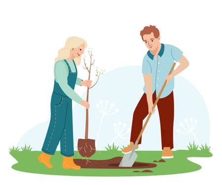 Children planting tree in spring. Kids working in garden. Vector illustration for environment protection, nature care, volunteering, education concepts. Youth work together for a better environment.のイラスト素材