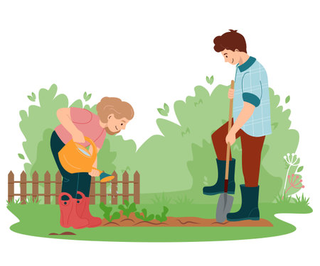 Children work together in rubber boots watering planting in spring Kids working in garden helping adults Vector illustration for environment protection nature care volunteering education conceptsのイラスト素材