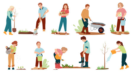 Set of kids gardening vector illustration Garden work collection with happy friends children characters for nature care volunteering concepts Youth work together for a better environmentのイラスト素材