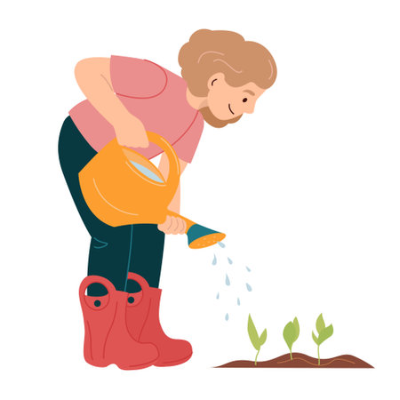 Happy small girl in rubber boots watering planting in spring Kids working in garden helping adults. Vector illustration for environment protection nature care volunteering education conceptsのイラスト素材