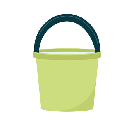 Vector illustration in flat style. Full of water green plastic bucket with a black handle. Isolated white background. A bucketful for washing food, water and drink.のイラスト素材